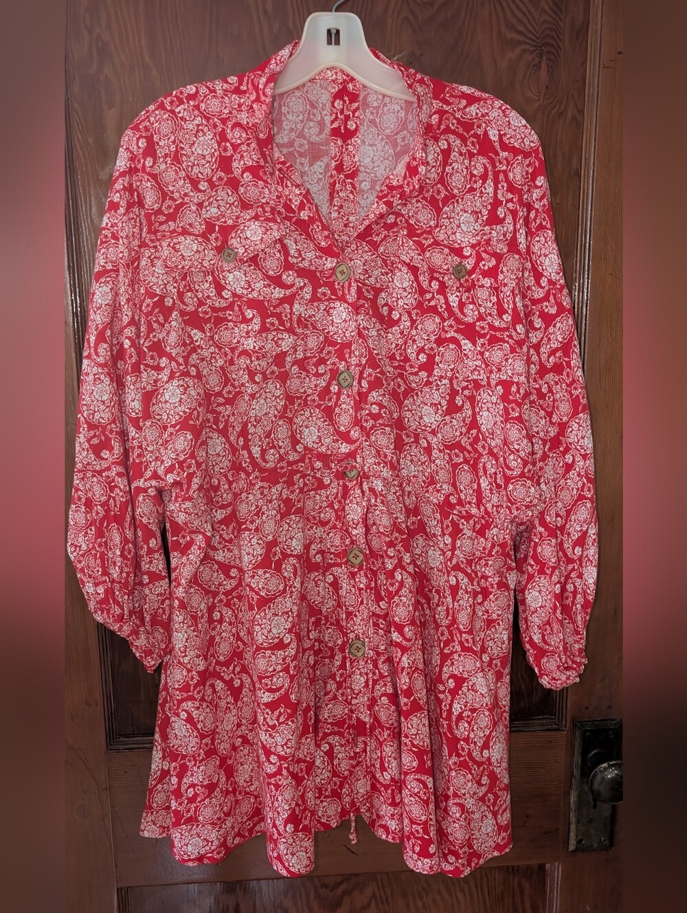 Unique Red Paisley Top, Button Front, Tie Empire Waist Size 2X